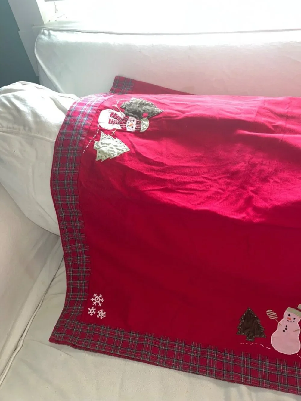 Pottery Barn Kids Red Christmas Tablecloth Snowman Tree Plaid Border Holiday